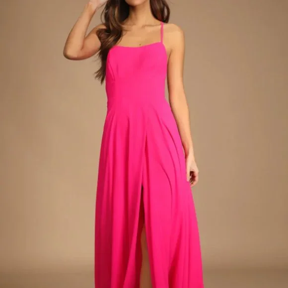 strapless open back dress Zapaka Women Hot Pink Sequin Mermaid Plus Size Evening Dress with Lac-Up Back Spaghetti Straps Party Dress, Fuchsia / US18W main image 1